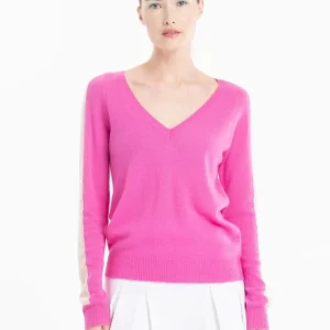 Pull col V femme en cachemire rose barbie & skin - RIA 1