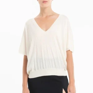Pull col V à manches chauve souris femme en cachemire & laine ultrafin blanc - KELLY 6