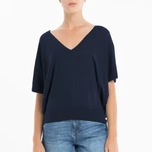 Pull col V à manches chauve souris femme en cachemire & laine ultrafin bleu marine - KELLY 6