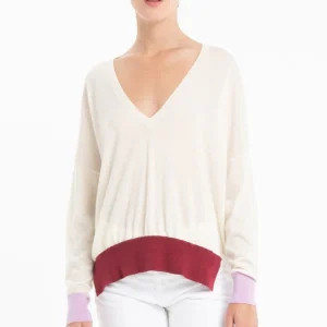 Pull col V femme en cachemire & laine ultrafin blanc & lavande & rouge  - KELLY 10