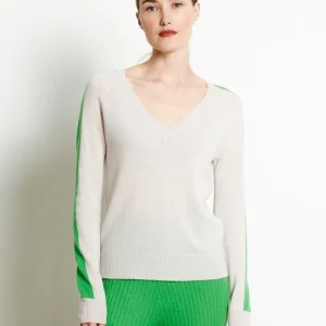 Pull col V femme en cachemire gris perle & vert pomme - RIA 1