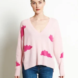 Pull col V femme en cachemire imprimé rose baby & rose indien - RIA 20