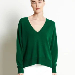 Pull col V femme en cachemire vert émeraude - RIA 3