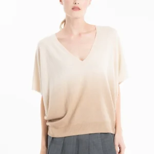 Pull col V manches chauve souris femme en cachemire tie & dye beige clair & beige foncé - RIA 7B