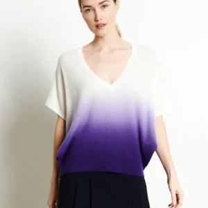 Pull col V manches chauve souris femme en cachemire tie & dye blanc écru & violet - RIA 7A