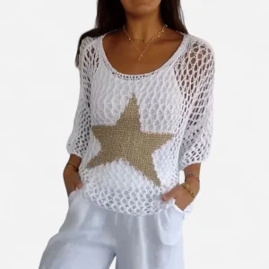 Honoria - Haut en Crochet Tricot Réseau Col Rond pour Femme