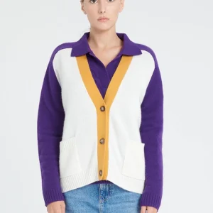 Cardigan col V femme en cachemire 4 fils color block - ZAYA 16